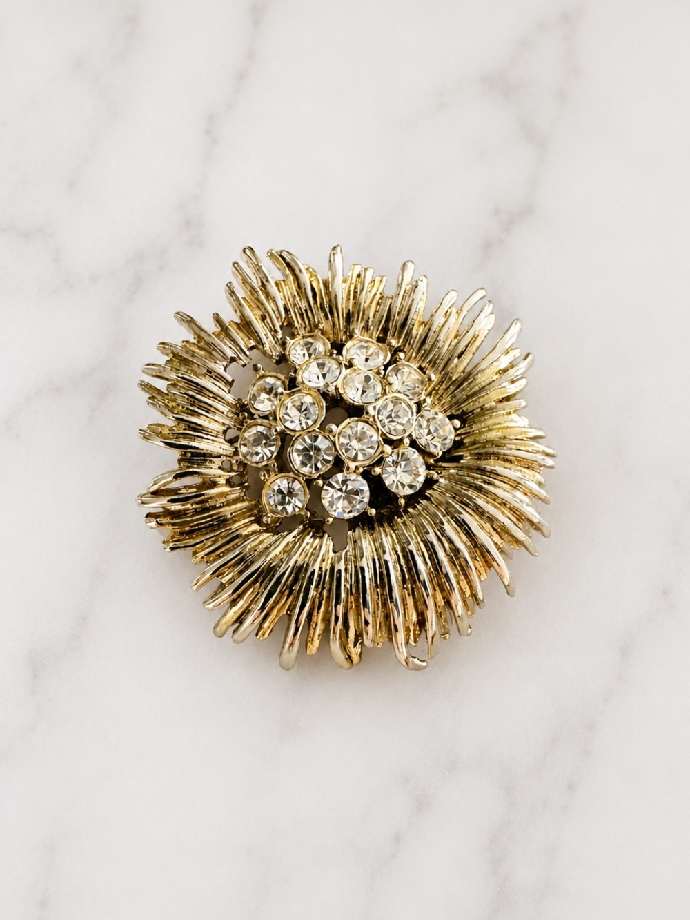 Les Bernard Vintage Atomic Sunburst Rhinestone Brooch | Mid-Century Modern Pin